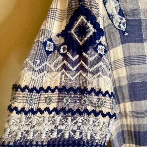 Johnny Was Simonee Flare Sleeve Blouse Plaid Geometric Embroidery Blue Size XS